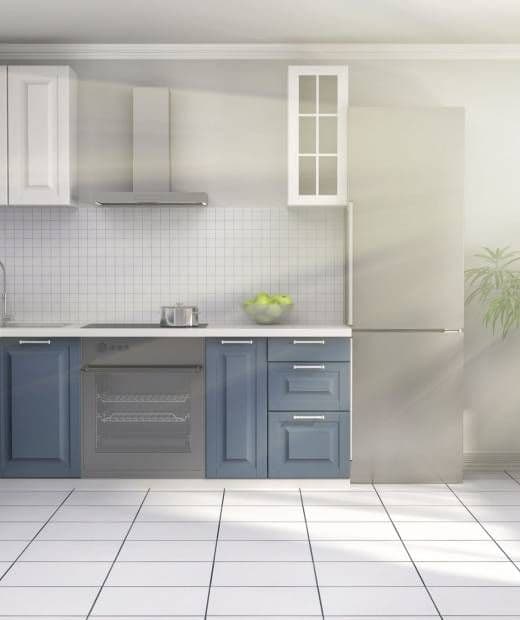 Rendering of a kitchen with navy base cabinets, white wall units and tiled flooring
