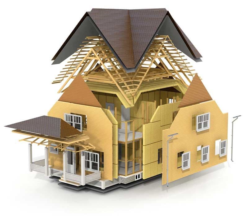 Cutaway illustration of a house wall, showing the framing and insulation behind the siding