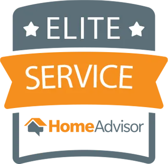 HomeAdvisor Elite Service badge: grey and orange emblem with stars, "Elite Service" text, and HomeAdvisor logo.