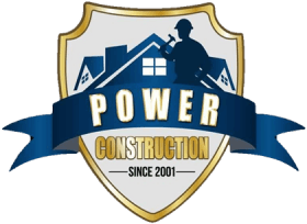 Logo of Power Construction: Shield with a blue ribbon and a house silhouette