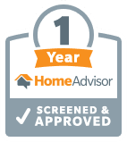 HomeAdvisor 1-Year Screened & Approved badge with orange ribbon and checkmark.
