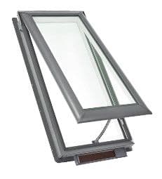 A Velux skylight unit shown open, with its frame and flashing