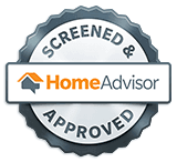HomeAdvisor "Screened & Approved" badge, silver and white with orange logo.
